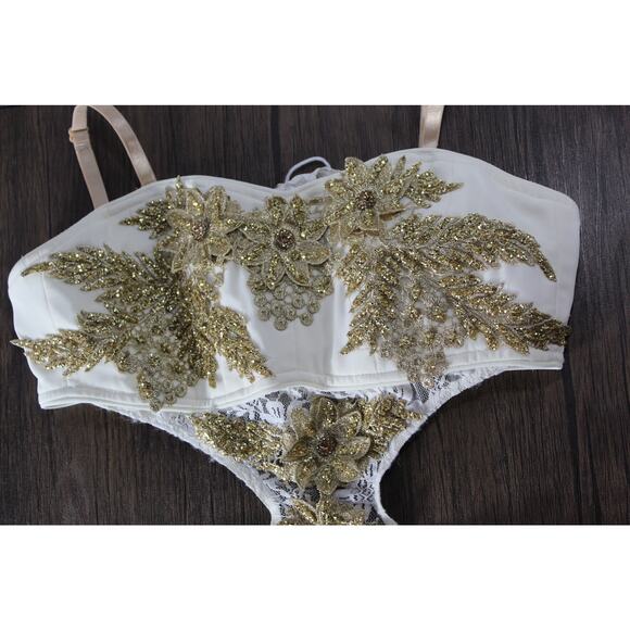 Custom Girls 14 Ice Skating costume gold glitter floral halter dance competition - Picture 9 of 16